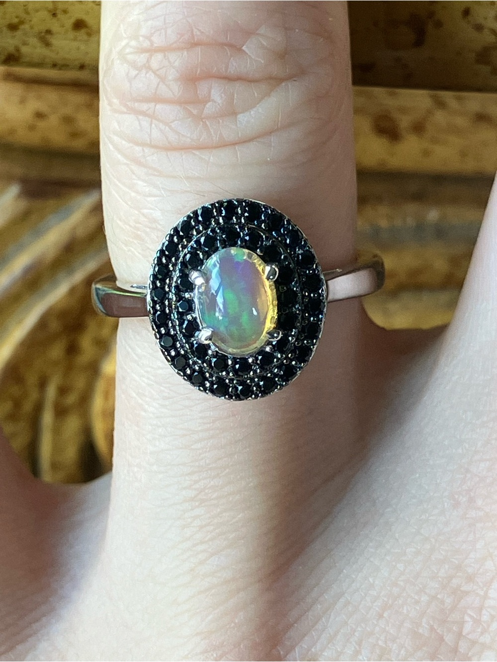 Natural Ethiopian Opal Black Spinel Sterling Silver Ring Size 6